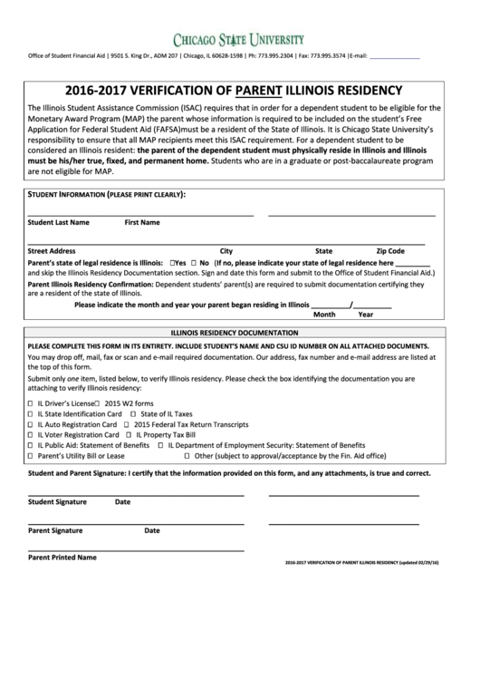 Verification Of Parent Illinois Residency - Chicago State University Printable pdf