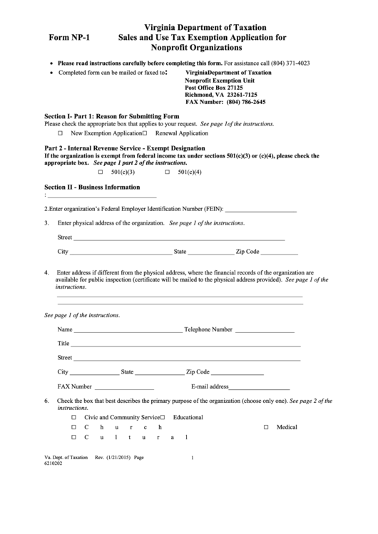 Fillable Form Np1 - Sales And Use Tax - Virginia Department Of Taxation Printable pdf