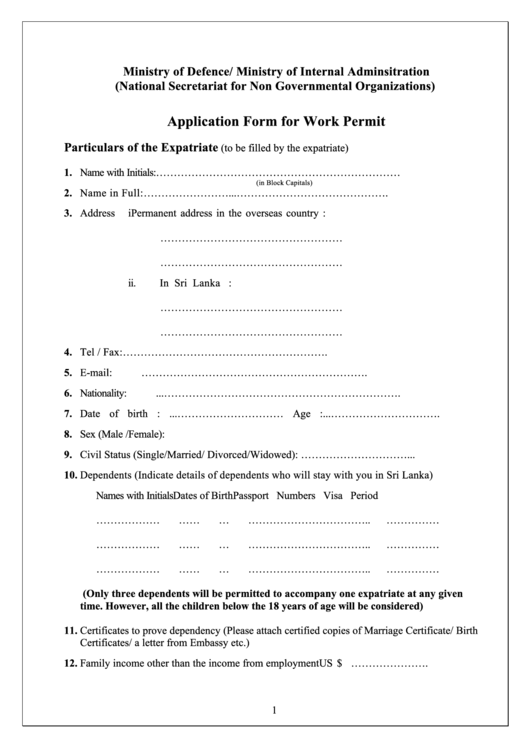 Application Form For Work Permit - Ministry Of Defence/ Ministry Of Internal Adminsitration Printable pdf