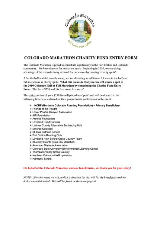 Colorado Marathon Charity Fund Entry Form Printable pdf