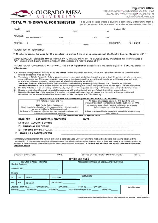 Fillable Total Withdraw Form - Colorado Mesa University Printable pdf