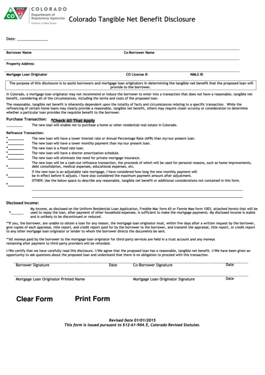 Fillable Colorado Tangible Net Benefit Disclosure Form Printable pdf