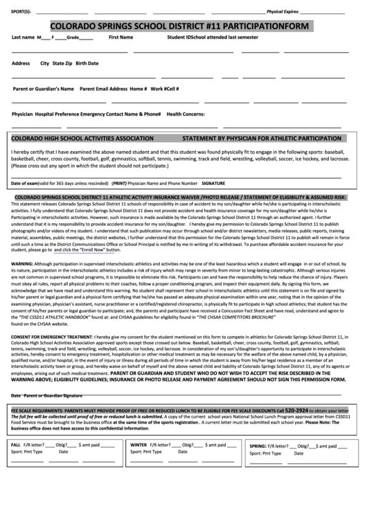 Colorado Springs School District Athletic Participation Form Printable pdf