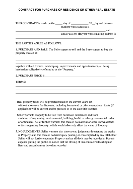 Contract For Purchase Of Residence Or Other Real Estate Printable pdf