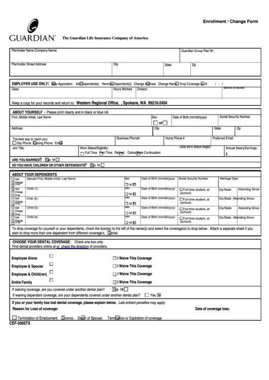 Form Cef-2005tx - Enrollment / Change Form - The Guardian Life Insurance Company Of America Printable pdf
