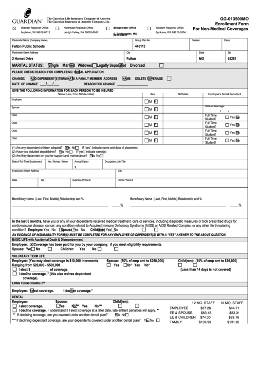 The Guardian Life Insurance Company Of America Fulton School Enrollment Form Printable pdf