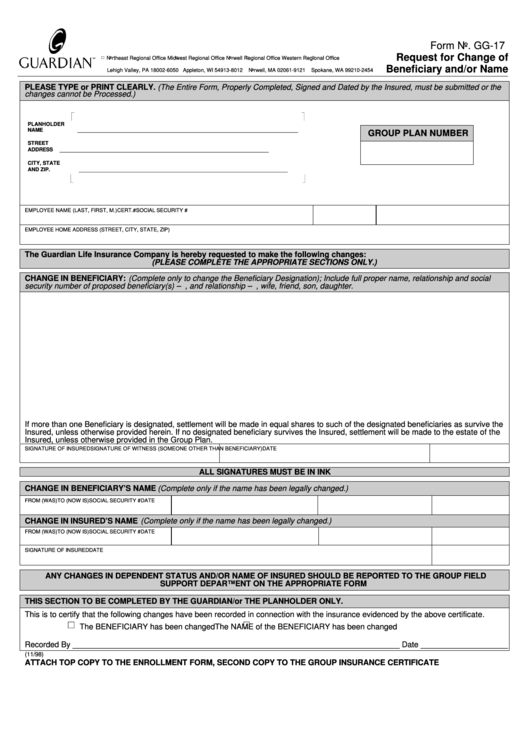 Request For Change Of Beneficiary Or Name Form Printable pdf