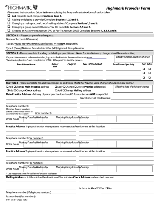 Form 9101 - Highmark Provider Form - Blue Cross Of Northeastern Pennsylvania Printable pdf