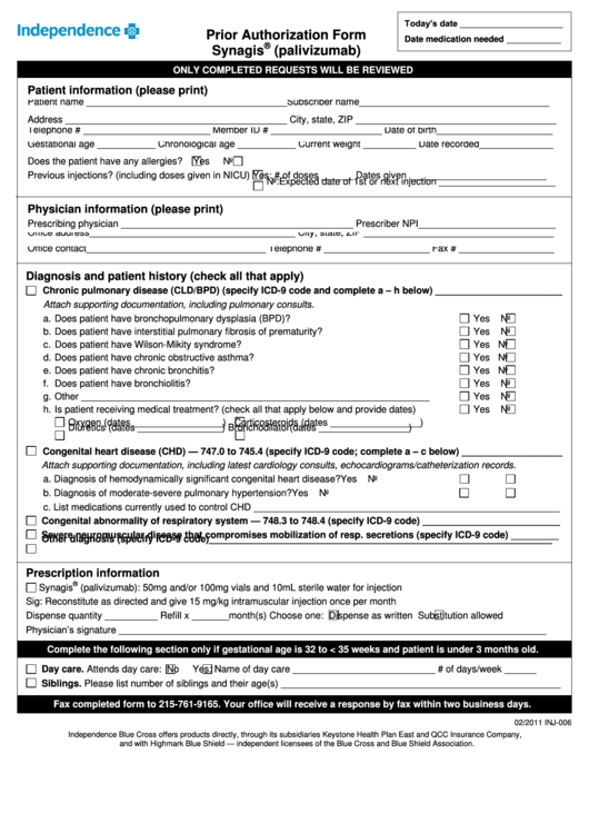 Prior Authorization Form Synagis Printable pdf