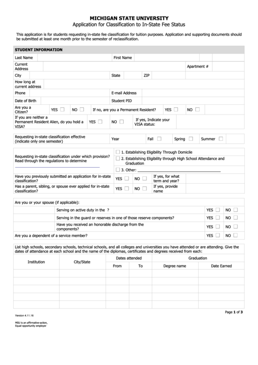 Application For Classification To In State Fee Status Printable pdf