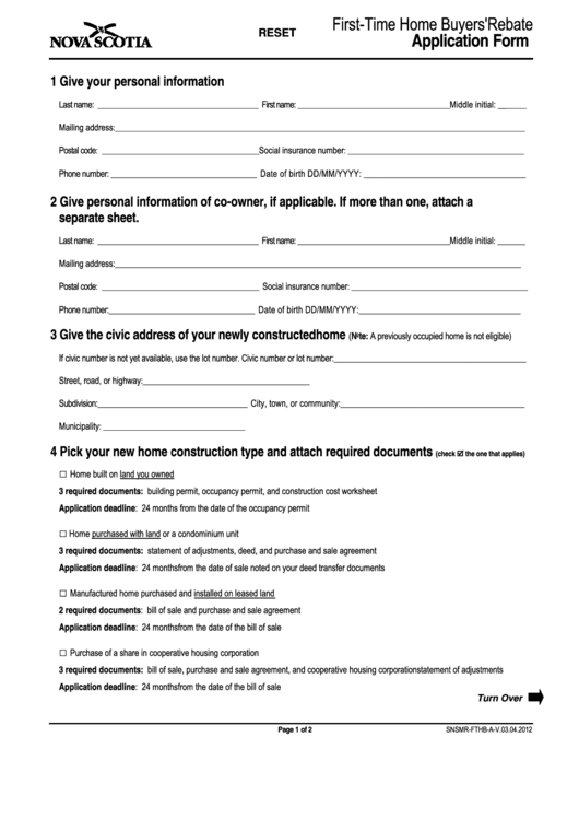 Fillable First-Time Home Buyers Rebate Application Form Printable pdf
