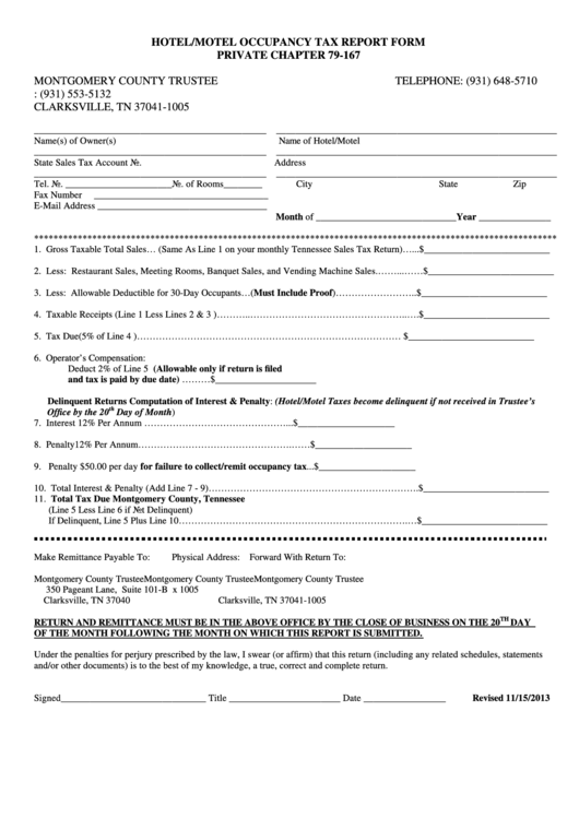 Hotel Motel Occupancy Tax Report Form Printable pdf
