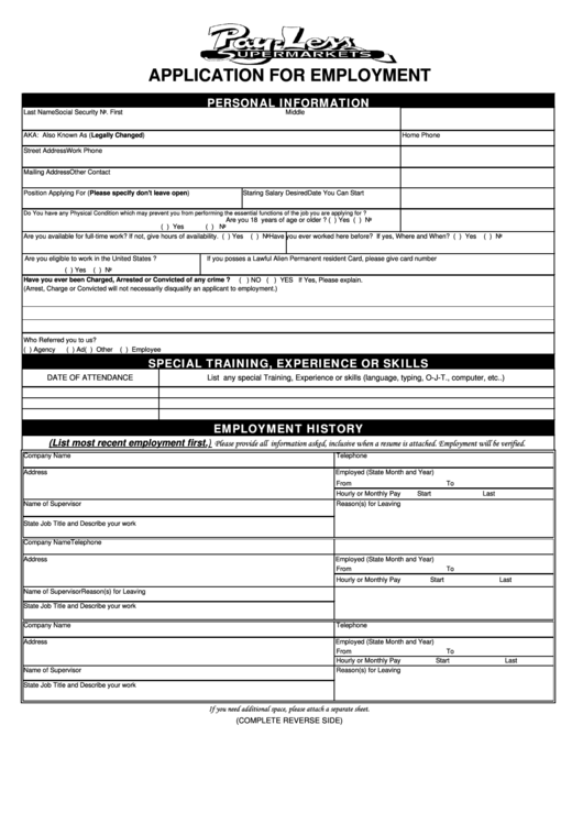 Application For Employment - Payless Markets Printable pdf