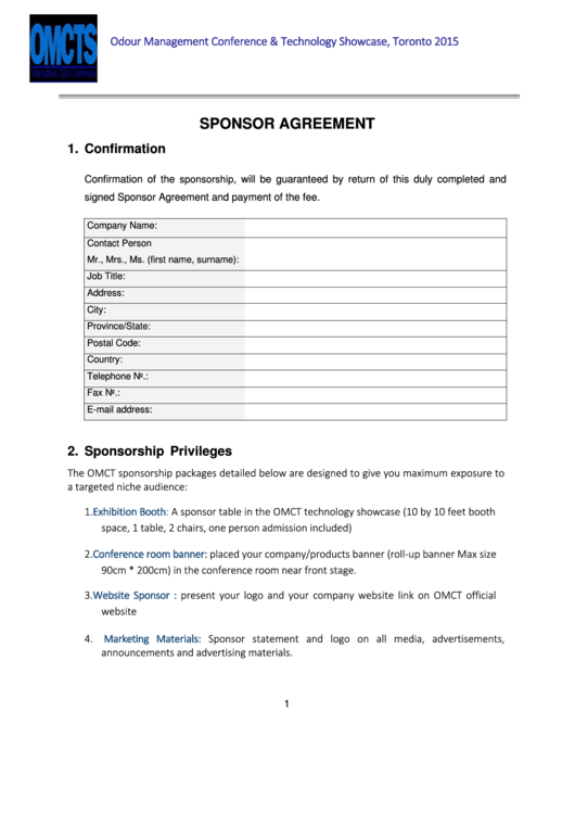 Fillable Sponsor Agreement - Odour Management Conference Printable pdf