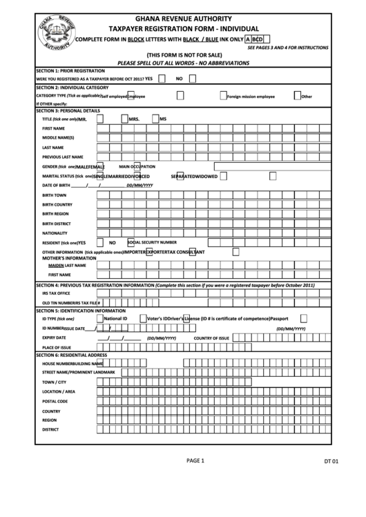 Ghana Revenue Authority Taxpayer Registration Form - Individual Printable pdf