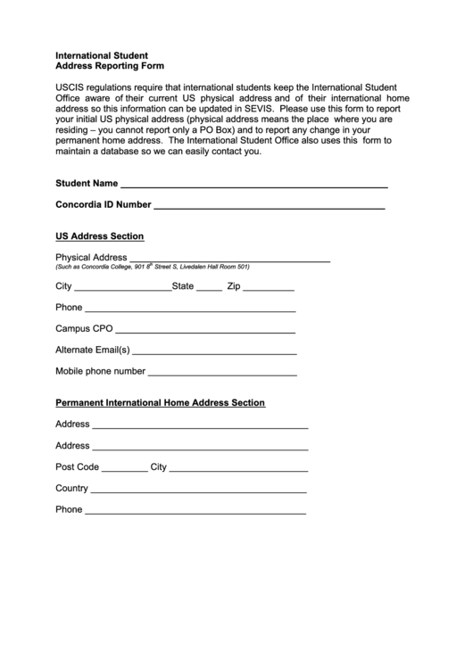 Change Of Address Form Concordia College Printable pdf