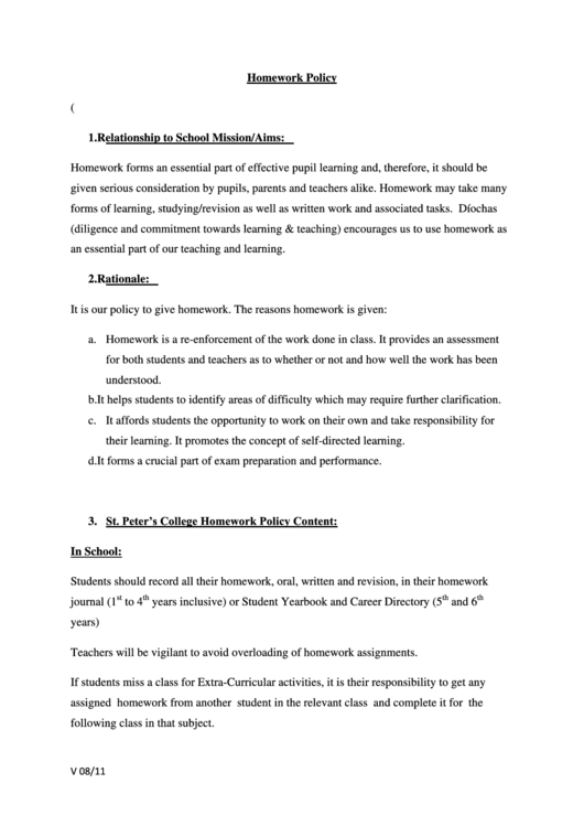 Homework Policy - St. Peters College Printable pdf