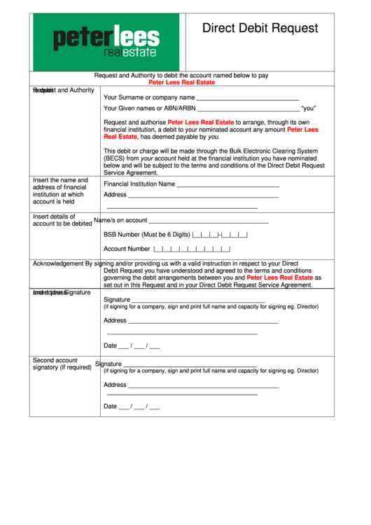 Direct Debit Request Form Printable pdf
