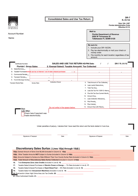 Form Dr-7 - Consolidated Sales And Use Tax Return- 2012 Printable pdf