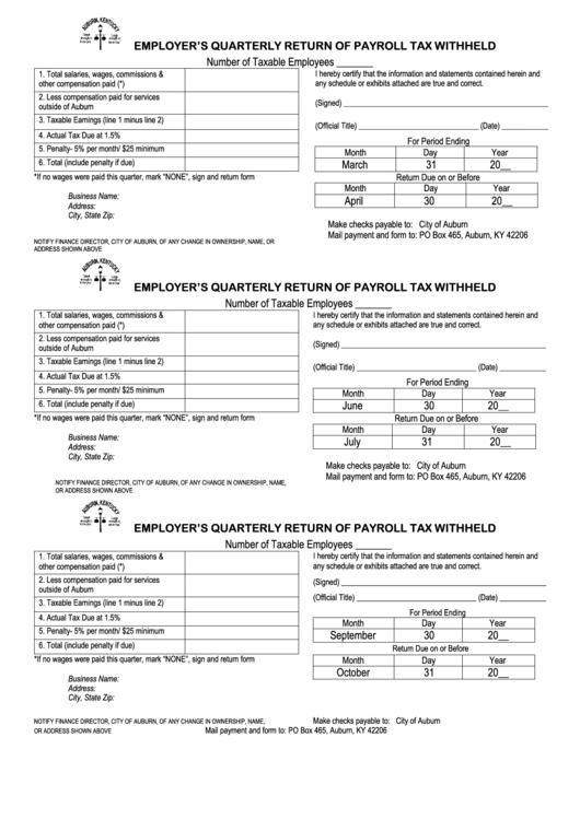 Payroll Withholding Tax Form - City Of Auburn Printable pdf