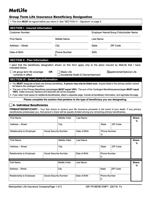 Fillable Form Gr-Tr-Bene-Emp1 - Metlife Group Term Life Insurance Beneficiary Designation - 2013 Printable pdf