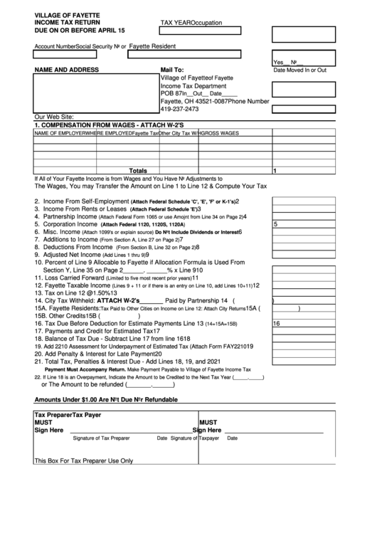 Fayette Income Tax Form - Village Of Fayette Printable pdf
