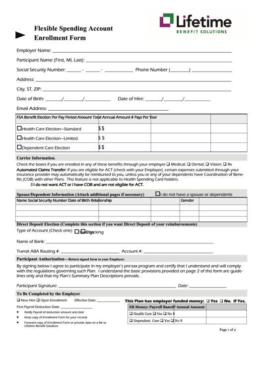 Fillable Flexible Spending Account Enrollment Form - Lifetime Printable pdf