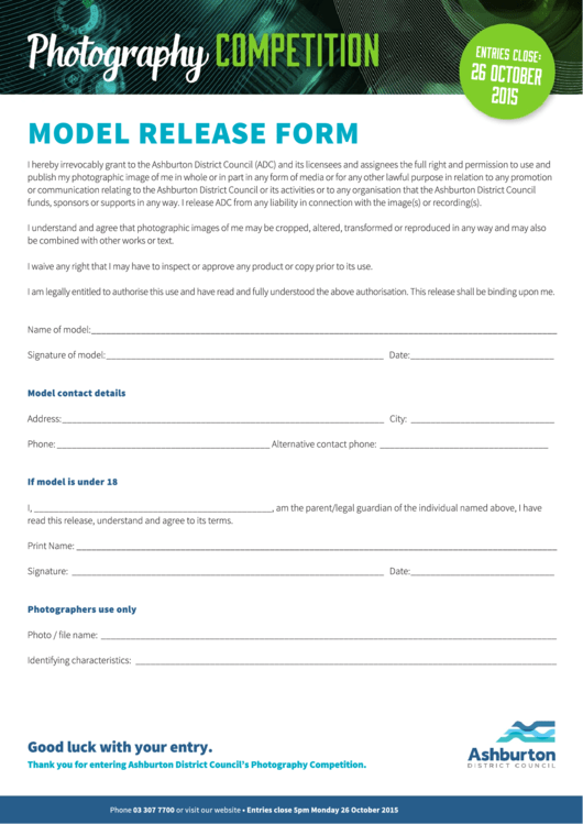 Model Release Form - Ashburton District Council