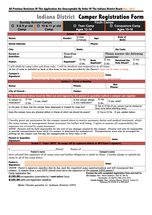 Indiana District Camper Registration Form Printable pdf