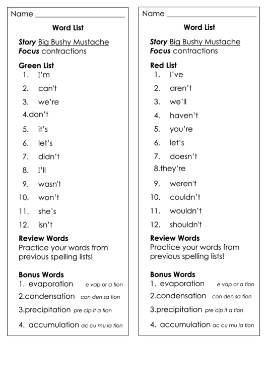 Word List - Big Bushy Mustache Printable pdf