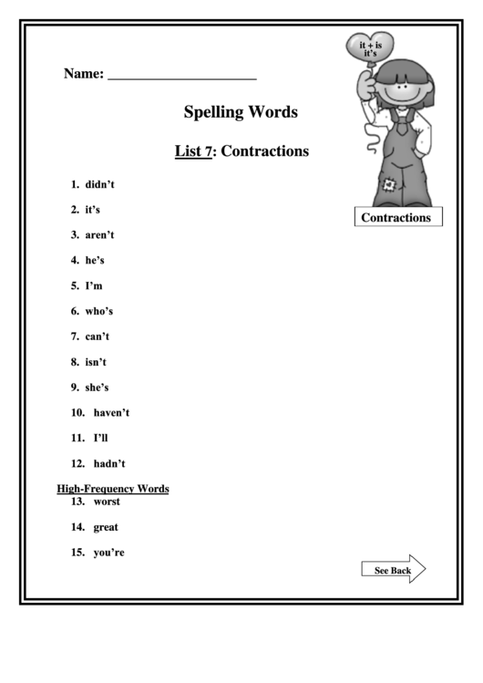Spelling Words Contractions Printable pdf