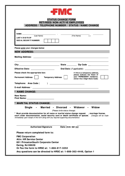 Status Change Form - Retirees/non-Active Employees Address/telephone Number/status/name Change Printable pdf