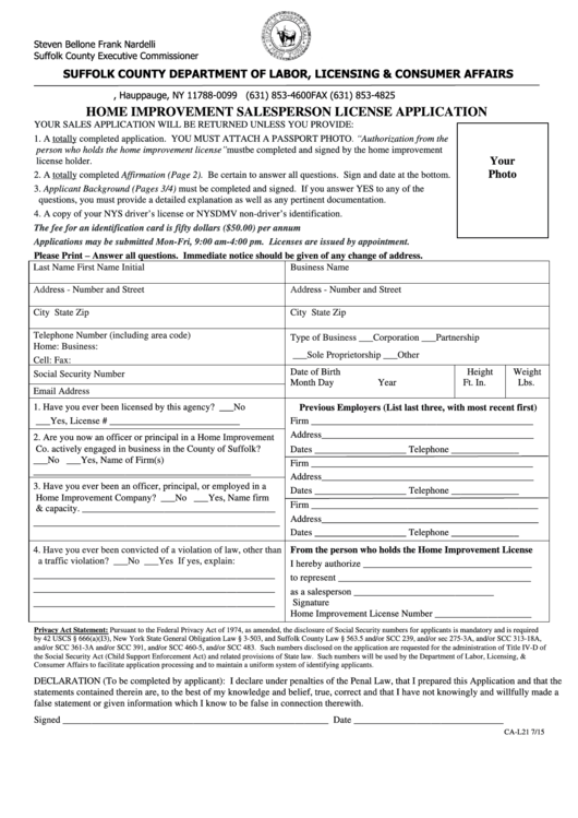 Fillable Ca-L21 - Home Improvement Salesperson License Application Printable pdf