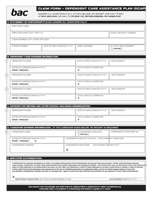Claim Form - Dependent Care Assistance Plan (Dcap) Printable pdf