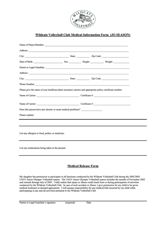 Wildcats Volleyball Club Medical Information Form (Jo Season) Printable pdf