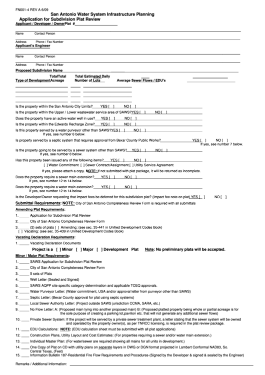 Application For Subdivision Plat Review - San Antonio Water System Printable pdf