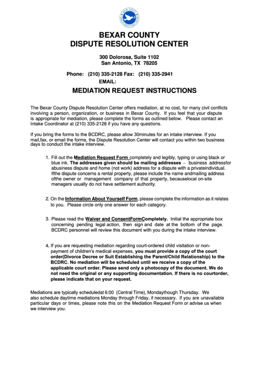 Bexar County Dispute Resolution Center Printable pdf