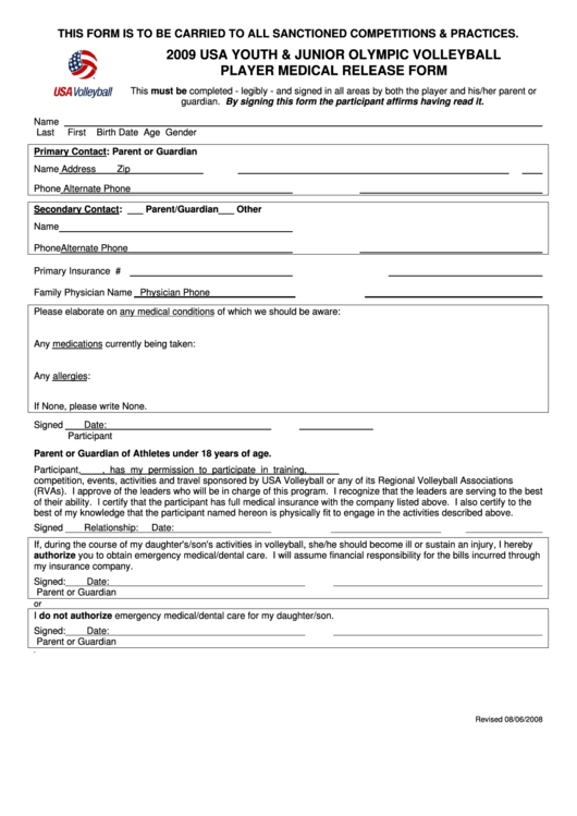 Usa Youth & Junior Olympic Volleyball Player Medical Release Form Printable pdf