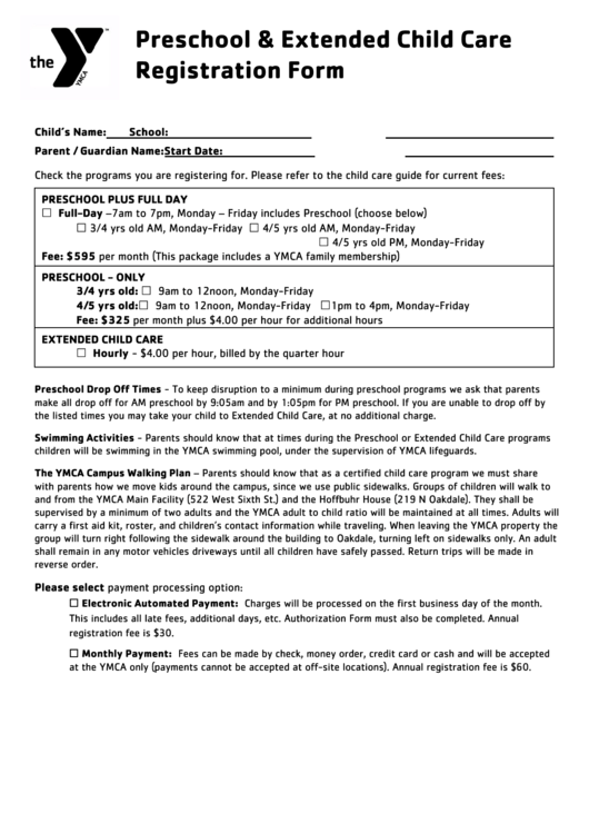 Preschool Extended Child Care Registration Form Printable pdf