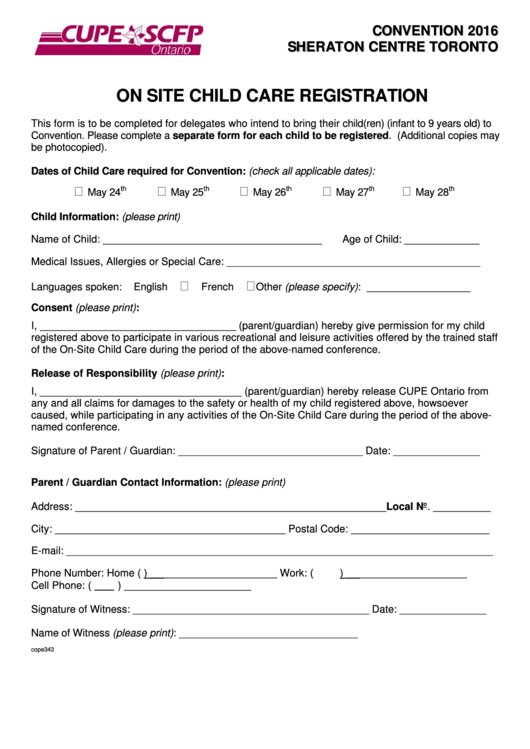 On Site Child Care Registration Form Cupe Ontario Printable pdf