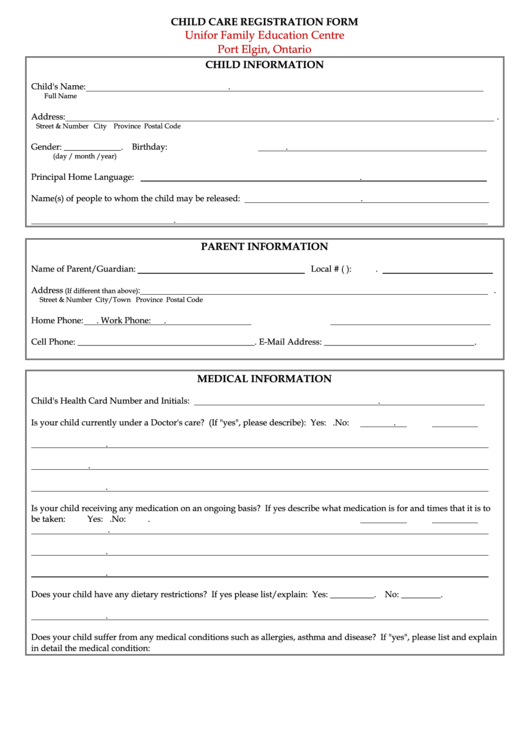 Childcare Registration Form Printable pdf