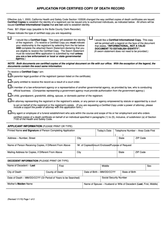 Application For Certified Copy Of Death Record Form - State Of California