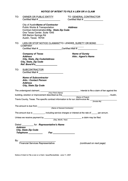 Notice Of Intent To File A Lien Or Claim