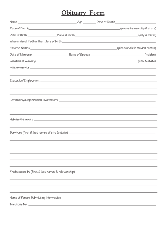 Obituary Form Printable pdf