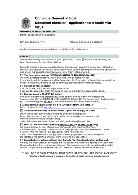 Consulate General Of Brazil Document Checklist - Application For A Tourist Visa Printable pdf