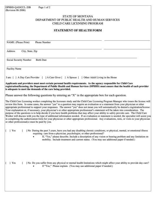 Statement Of Health Form - Dphhs Home Printable pdf