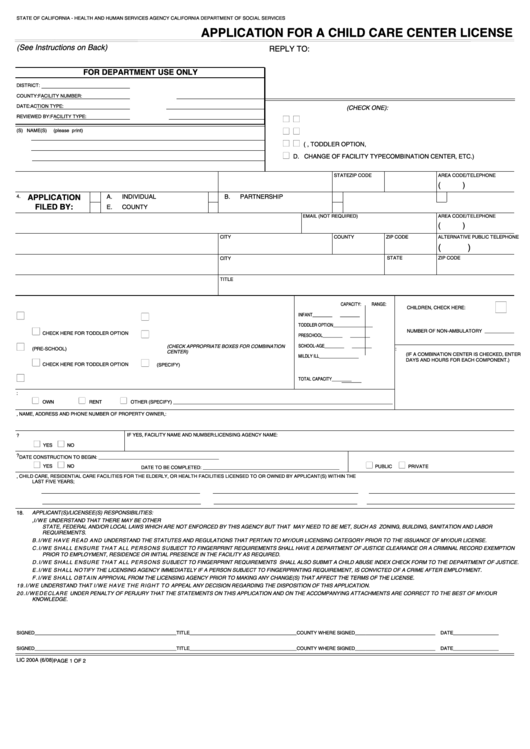 Application For A Child Care Center License - California Printable pdf