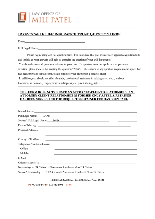 Irrevocable Life Insurance Trust Questionnaire Template - Law Office Of Mili Patel