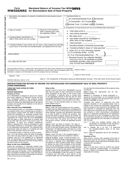 Form Mw506nrs - Maryland Return Of Income Tax Withholding - 2012 Printable pdf