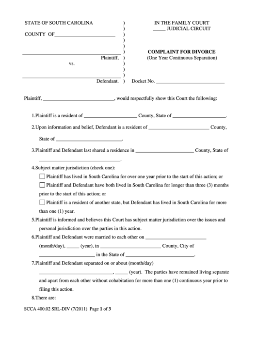 Complaint For Divorce Form - Sc Judicial Department Printable pdf
